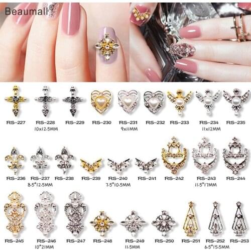 10pcs/lot, 3d Nail Art Elegant Designs Gold/Silver Alloy With Pearls Crystal Rhinestones Nail Tips Beauty