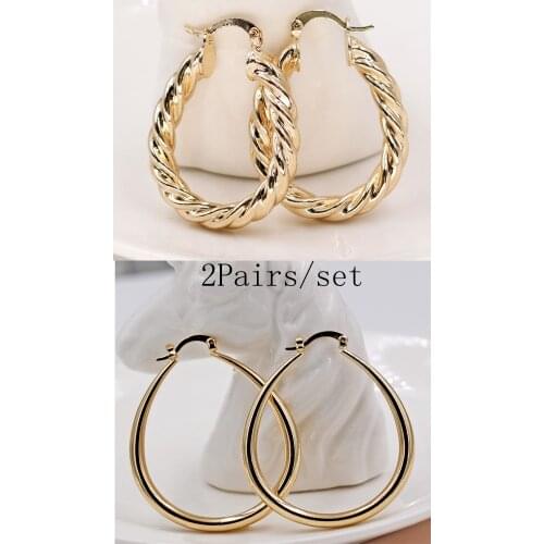 2 Pairs Rock Trendy Gold Plated Copper Oval Hoop Earrings For Women Girls Fashion Jewelry Accessories Birthday Wedding Party