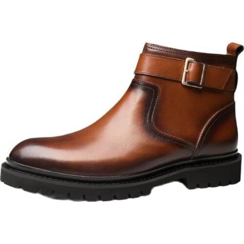 2021 Fashion Black / Brown Buckle Business Mens Boots Genuine Leather Dress Boots Mens Ankle Boots