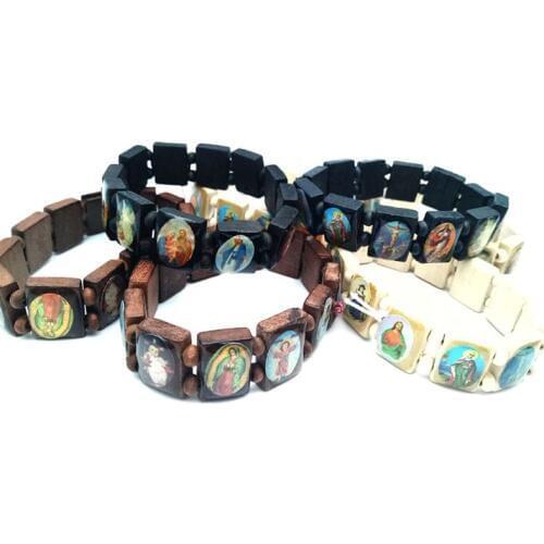 4pc Catholic Jewelry Christian Supplies Wooden Icon Elastic Bead Bracelet Gift