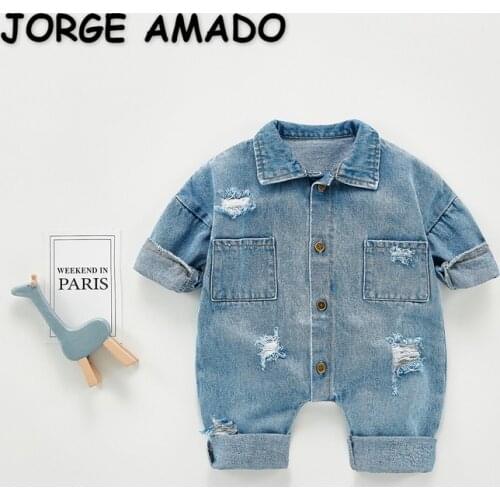 2021 Korean Style New Autumn Baby Girl Boy Romper Long Sleeves Pullover Hole Denim Pocket Jumpsuit Children Casual Outfits E2034