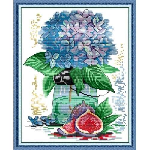 Hydrangea and Figs Cross Stitch Aida 14ct 11ct Printed on Canvas Floral pattern DMC Floss Embroidery Kit DIY Needlework Sets