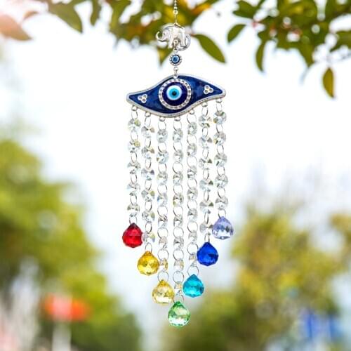 H&D Elephant Blue Evil Eye Protection Wind Chimes Suncatcher Window Hanging Crystals Ornament Chakra Ball Prisms Pendant Decor