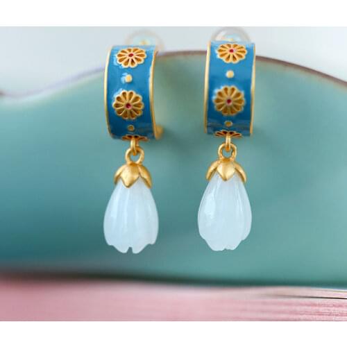 Natural Hetian Magnolia Retro Stud Earrings Inlaid S925 Sterling Silver Magnolia Retro Palace Antiquity Temperamental Earrings