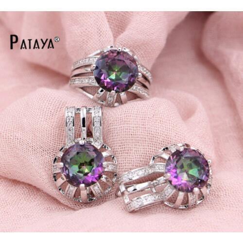 PATAYA Rainbow Mystic Jewelry Sets True White Gold Natural Cubic Zirconia Ring Big Earrings Sets Women Accessories Jewelry Sets