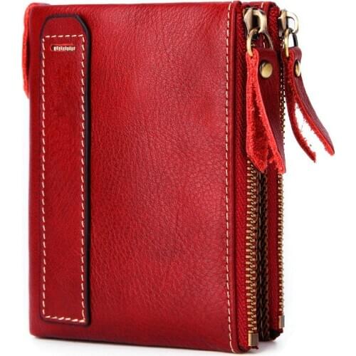 Fashion Double Zipper Genuine Leather Women Wallets Vintage Bifold Female Purse Womens Rfid Wallet Design Coin Purse Pockets