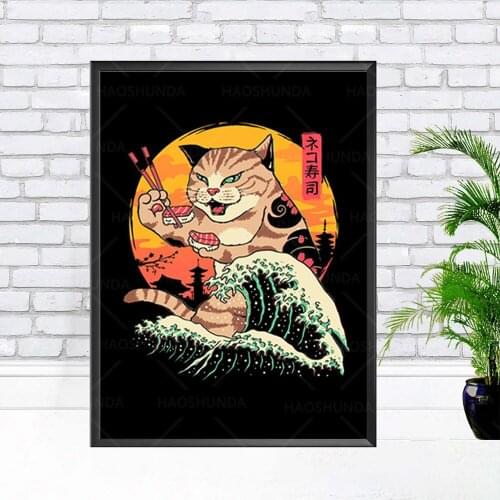 Modular Canvas HD Prints Cartoon Pictures Wall Art Cat Eating Sushi Paintings Home Decor Posters For Living Room No Framework