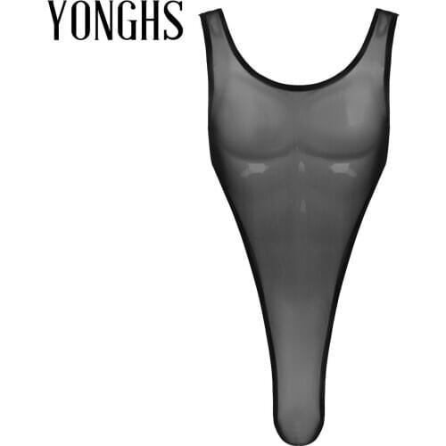 Mens Lingerie Bodysuit Deep U Neck Sleeveless High Cut Leotard Jumpsuit See Through Sheer Mesh Tank Wrestling Singlet Bodysuit