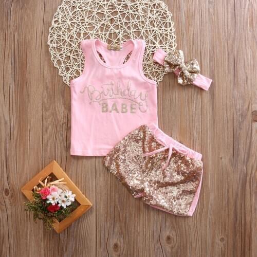 0-24M Cute Toddle 3PCS Outfitr Kids Baby Girls Clothes Pink Letter Vest Romper Top Sequins Gold Short Headband