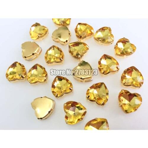 Factory sales Gold bottom golden yellow heart shape AAA Glass Crystal sew on claw stones,flatback loose rhinestones SWHJ018