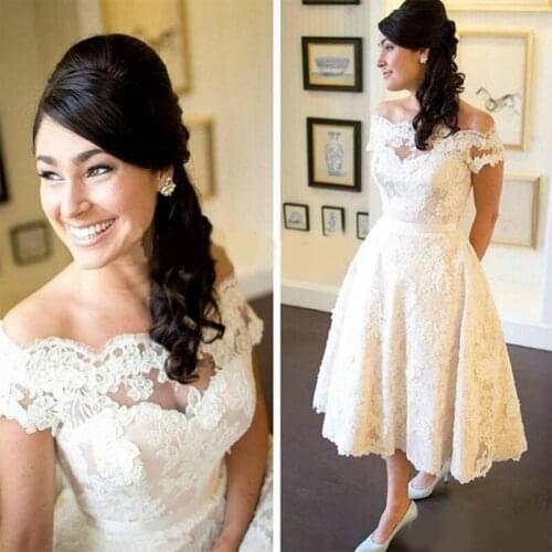 Retro Short Lace Country Wedding Dresses Off Shoulder Short Sleeves Tea Length Boho Wedding Dress 2020 A Line Cheap Bride