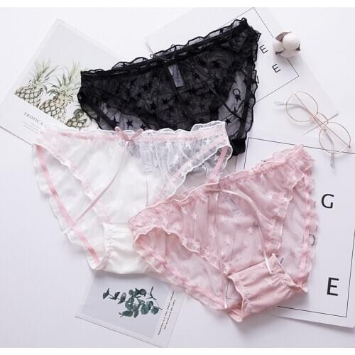 Sexy Womens Panties Seamless Cute Star Sweet Bow Mesh Lace Comfortable Underwear Soft Thin Breathable Bows Briefs for Girl