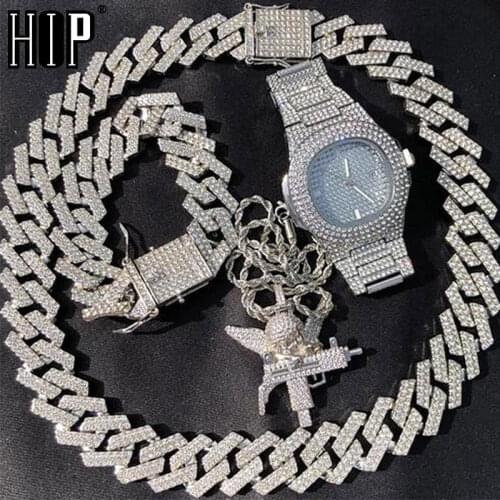 Hip Hop Bling Iced Out 20MM Link Cuban Prong Chain Full AAA Crystal Pave Mens Bracelets Necklace for Men Jewelry