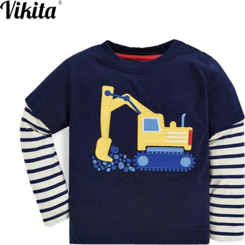 VIKITA Boys Cotton T shirt Kids Striped Long Sleeve Top Wear Baby Boys Autumn Spring Cartoon Print Tees Children Clothing