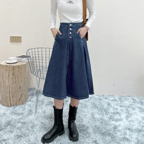 2021 Newest Womens Denim Skirt Long Denim Skirt Buttons A-Line Fashion Y2K Goth Skater Skirts with Pockets 2021