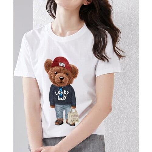 T-shirt Street Womens Personality All-match Cartoon Teddy Bear Print White Casual Round Neck Ladies Shirt Slim Polyester Top