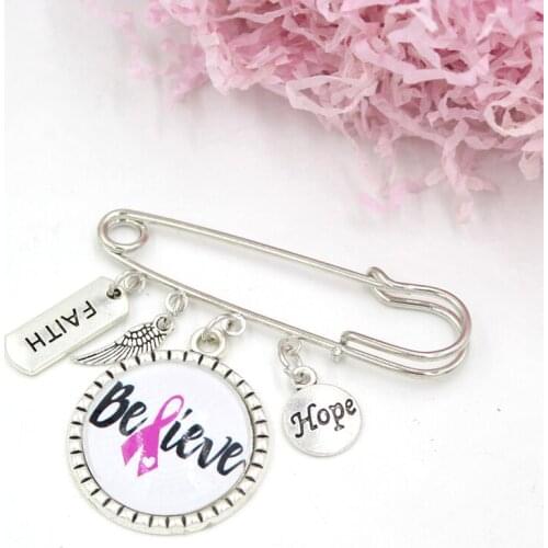 1PC Breast Cancer Awareness Brooch Pin Believe Hope Pink Ribbon Cancer Pin Brooch Safety Pins for Women Men