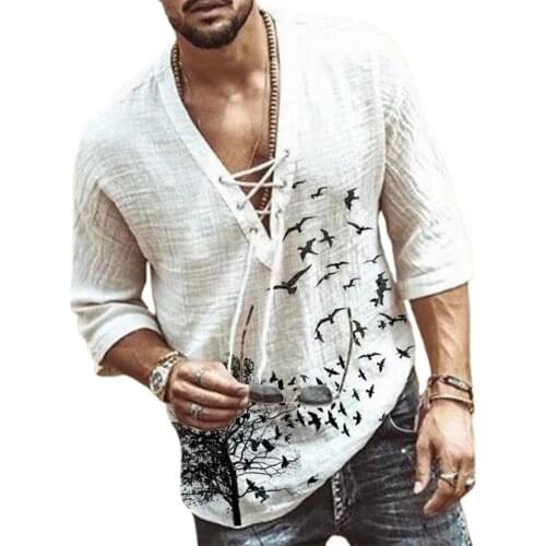 2021 New Men´s Hot Fashion Hippie Shirt Men Printed V Neck Front Lace Up Middle Sleeve Tee Shirt Pullover for Vacation