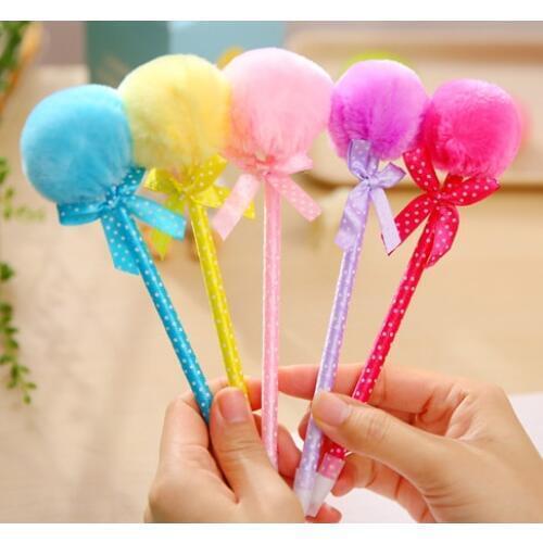 50pcs Kawaii Candy Color Fluffy Ball Plush Ballpoint Pens for School Office Supplies Kids Prizes Stationery Pens Wholesale