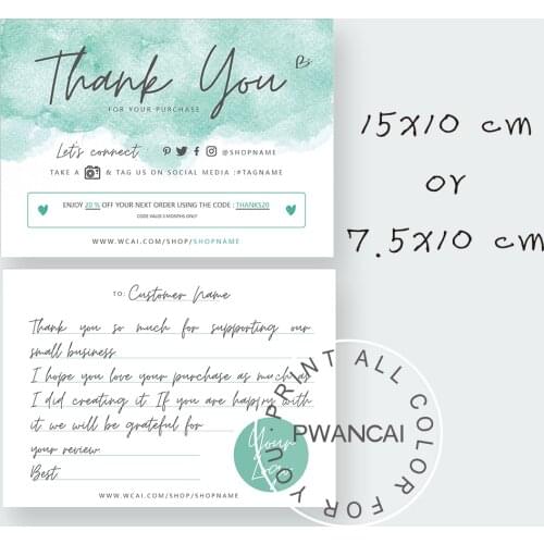 Teal Small Business Thank You Card, Watercolor Thank You for Shopping Notes and Cards Printable Template Insert 100/50/30PCs