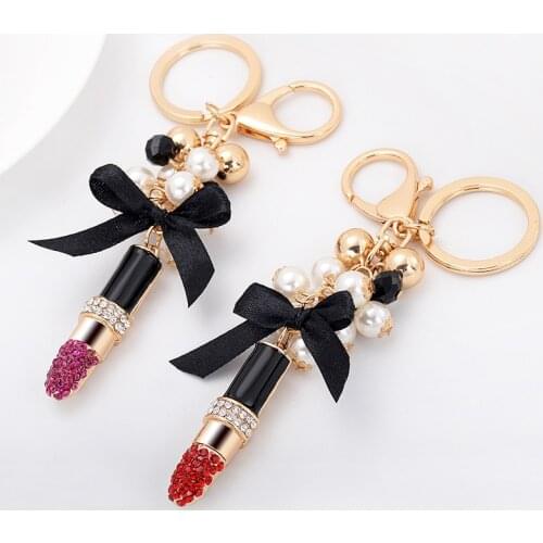 Fashion Fine Rhinestone Lipstick Car Trinket Keychain Backpack Pendant Metal Crystal Keyring Women Girl Birthday Gift Key Chain