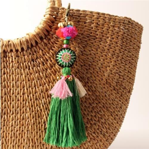 1pc Green Boho Pom Pom Key Chain Bag Accessories Tassel Bag Purse Rainbow Charm Keychain Beach Jewelry