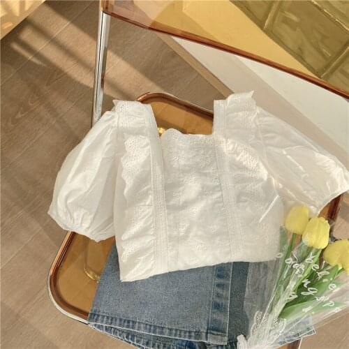 Childrens Clothing Summer New Toddler Girls Korean Embroidery Hollow Out Shirts Square Collar Ruffles Sweet Blouse For Girls