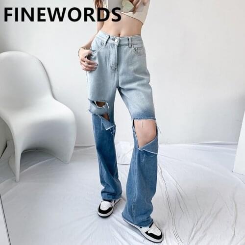 FINEWORDS Knee Big Hole Ripped Distressed Jeans Blue Gradient Color Punk Straight Jeans Korean Casual Streetwear Vintage Jeans