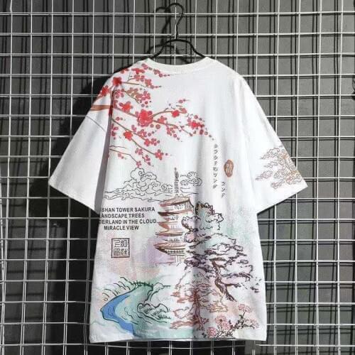 Japanese Sakura Print Tshirts Cotton Summer Harajuku T-Shirts Men Mo Dao Zu Shi Chinese Style Streetwear T Shirt For Women CS546