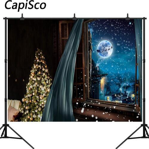 Capisco Christmas Party Backgrounds Photography Studio Tree Santa Claus Window Blue Curtain Snowflake Light Decor Photocall