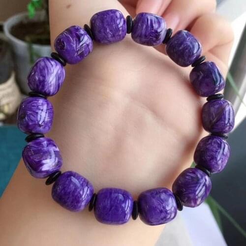 Genuine Natural Purple Charoite Finished Stretch Bracelet Femme Charm Crystal Barrel Beads Bracelet 12x11mm AAAAA