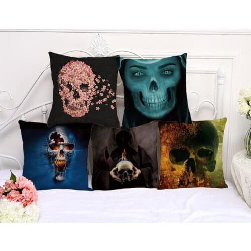 Horror Skull Head Cushion Cover Cotton Linen Decorative Pillowcase Chair Seat Square45x45cm Pillow Cover Home Living Textile