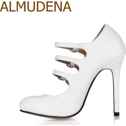 ALMUDENA Top Brand White Black Triple Buckle Straps High Heel Pumps Stiletto Heels Hollow Out Dress Pumps NightcluB Shoes