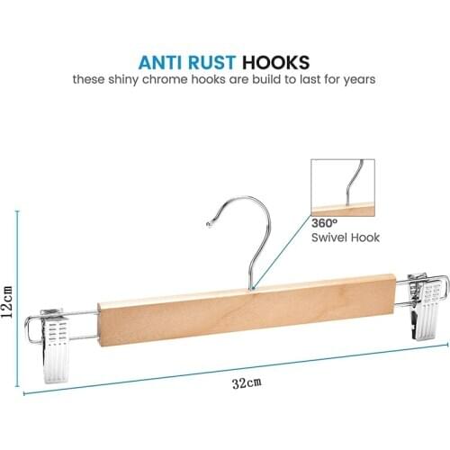 LBER Wooden Skirt Hangers with Adjustable Clips (Pack of 10) Non-Slip Trouser Hanger Natural Finish Lotus Wood Pants hangers, 36