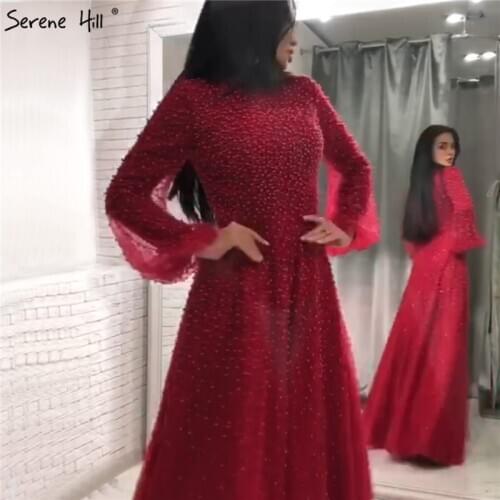 Wine Red Lantern Long Sleeve Evening Dresses 2020 Dubai O-Neck Pearls Lace Luxury A-Line Formal Dress Serene Hill LA70411