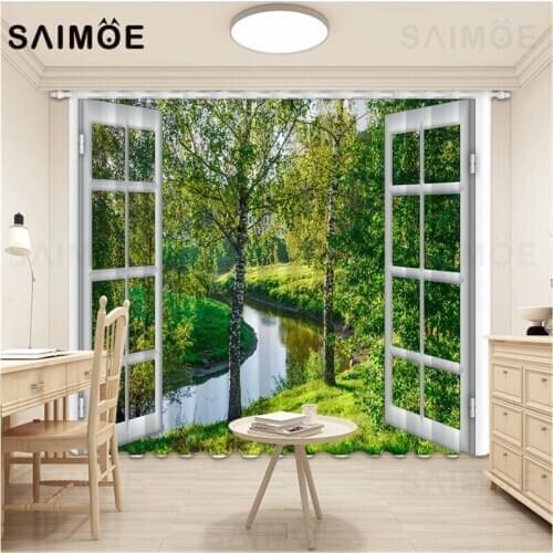 Curtains 3D Window Scenery Forest Curtain Living Room Mountains Green Plant Tree Curtains Bedroom Hall Decor Ultra Micro Shading