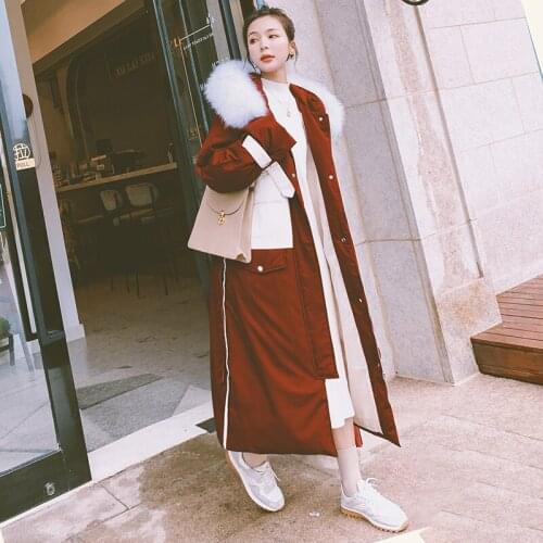 Korean Loose Color Matching Hooded Womens Parker Cotton Jacket Winter Long 2021 New Big Fur Collar Tooling Thick Coat Female