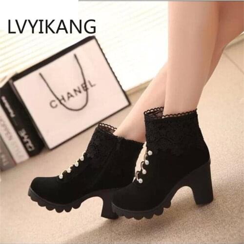 2019 New Fashion Spring Autumn Platform Ankle Boots Women Thick Heel Platform Boots Ladies Boots Black Big Plus Size 35-40