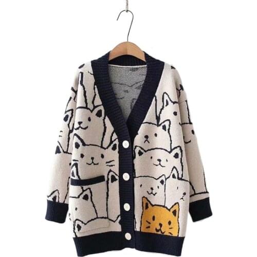 Harakuju Cartoon Cat Jacquard Knit Women Long Cardigan 2021 Winter Warm Cat Korean Fashion Female Kawaii Jumpers Soft Tops
