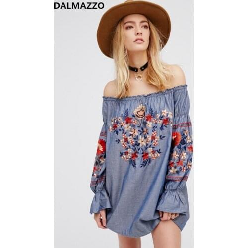 2020 Newest Vintage Women Slash-Neck Embroidery Flare Long Sleeve Loose Midi Dresses Bohemian Cotton Large Size Dress Female XL