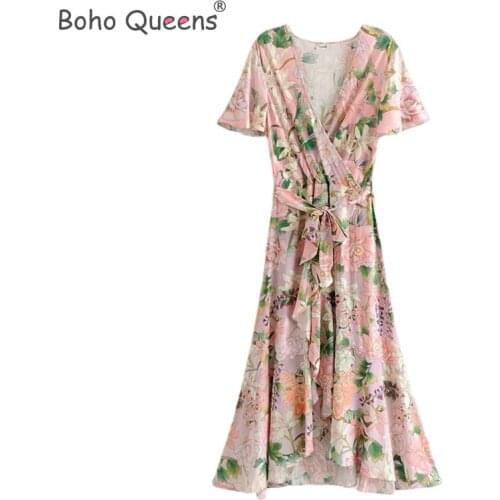 Boho Queens hippie pink floral print deep V-neck Bohemian dress Summer ladies short sleeve sashes rayon dresses vestidos