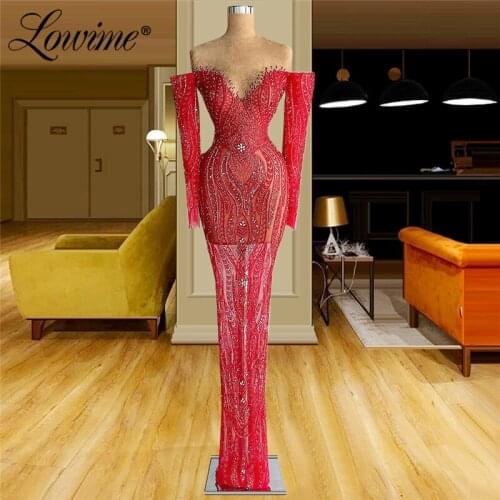 Lowime Luxury Beaded Dubai Arabic Evening Dresses Couture 2021 Plus Size Mermaid Long Sleeves Party Gowns Vestidos De Fiesta