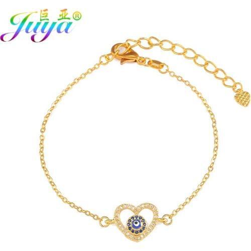 Juya Handmade Love Heart Bracelets Micro Pave Zircon Blue Evil Eye Charm Bracelet For Women Men