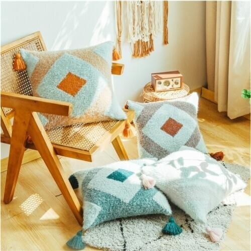 Diamond Knitted Cushion Cover Green Orange Beige Nordic Style Pillow Case With Tassle For Sofa Bed Room Home Decorative 45*45cm