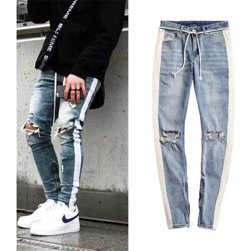 New streetwear hiphop personality men jeans side zipper ripped fashion male destroyed skinny denim pants