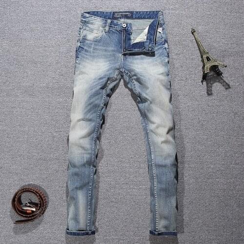 European Vintage Fashion Men Jeans Retro Light Gray Blue Elastic Slim Fit Ripped Jeans Men Scratch Designer Casual Denim Pants