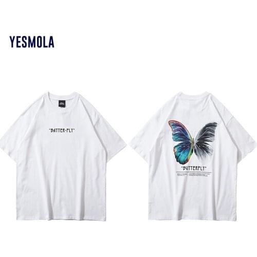 YESMOLA Butterfly Print Short Sleeve Casual Tshirts Streetwear Tees Shirts Hip Hop Harajuku Short Sleeve Loose T-Shirts Tops