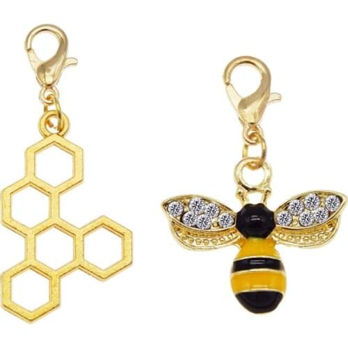 Julie Wang 4PCS Enamel Yellow Bee Honeycomb Charms With Lobster Clasps Pendants Alloy Keychain Jewelry Making Accessory