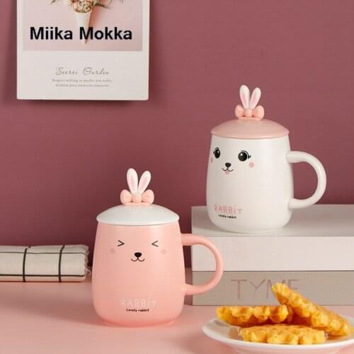 Cartoon Rabbit Coffee Mug with Lid Kawaii 3D Ceramic Mug with Bow Spoon Porcelain Coffee Cup Milk Cup Water Cup Gifts