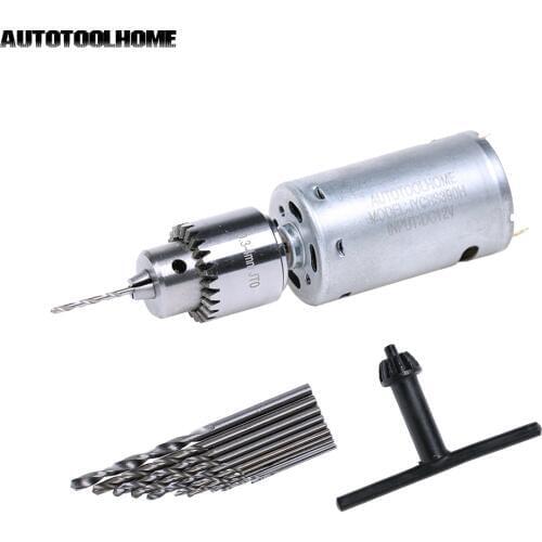 AUTOTOOLHOME Electric 12V Motor Small PCB Hand Drill Press Drilling Compact Set 10PC 0.5-3mm Twist Bits with 0.3-4mm JTO Chucks